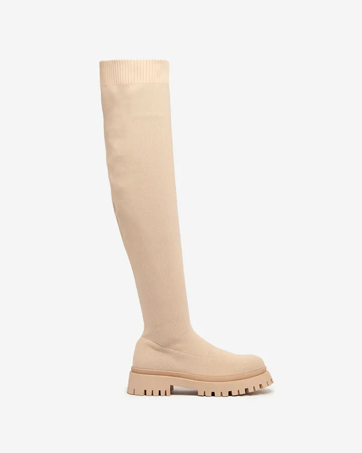 Royalfashion Beżowe damskie wsuwane kozaki za kolano Radgitas