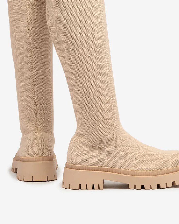 Royalfashion Beżowe damskie wsuwane kozaki za kolano Radgitas