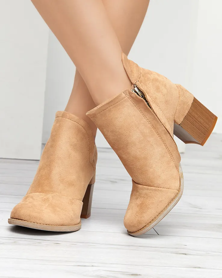 Royalfashion Beżowe damskie botki na słupku z wycięciami Cintura