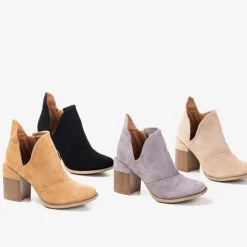 Royalfashion Beżowe damskie botki na słupku z wycięciami Cintura