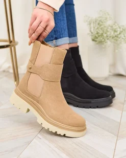 Royalfashion Beżowe damskie botki z ozdobnym paskiem Doasa