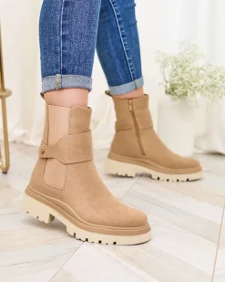 Royalfashion Beżowe damskie botki z ozdobnym paskiem Doasa