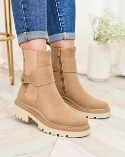 Royalfashion Beżowe damskie botki z ozdobnym paskiem Doasa