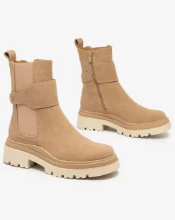 Royalfashion Beżowe damskie botki z ozdobnym paskiem Doasa