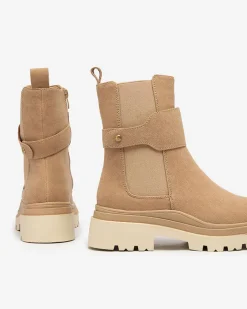 Royalfashion Beżowe damskie botki z ozdobnym paskiem Doasa