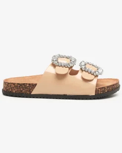 Royalfashion Beżowe damskie klapki ze zdobionymi klamerkami Olimika