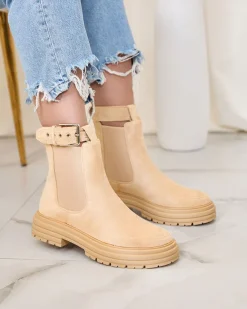 Royalfashion Beżowe damskie botki z ozdobnym paskiem Loffdo