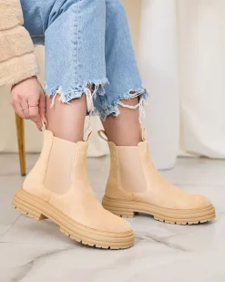 Royalfashion Beżowe damskie botki z ozdobnym paskiem Loffdo