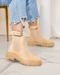 Royalfashion Beżowe damskie botki z ozdobnym paskiem Loffdo