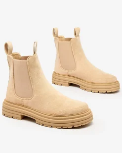 Royalfashion Beżowe damskie botki z ozdobnym paskiem Loffdo