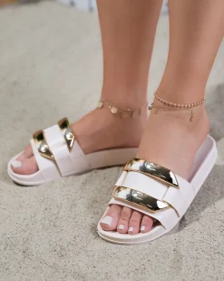 Royalfashion Beżowe damskie klapki ze złotą ozdobą Serina