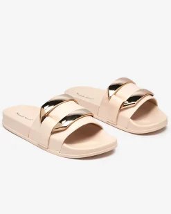 Royalfashion Beżowe damskie klapki ze złotą ozdobą Serina