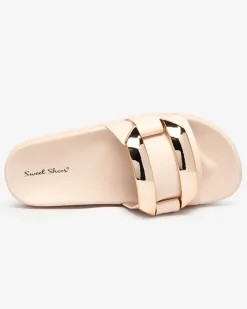 Royalfashion Beżowe damskie klapki ze złotą ozdobą Serina