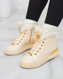 Royalfashion Beżowe lakierowane damskie ocieplane botki Sylnina