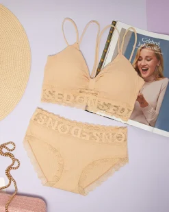Royalfashion Beżowy damski komplet bielizny z koronką