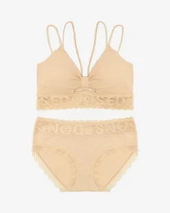 Royalfashion Beżowy damski komplet bielizny z koronką