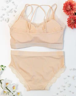 Royalfashion Beżowy damski komplet bielizny z koronką