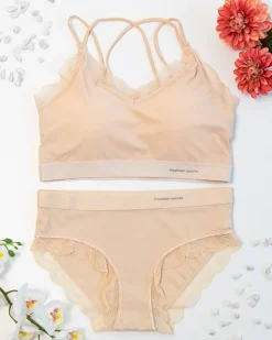 Royalfashion Beżowy damski komplet bielizny z koronką