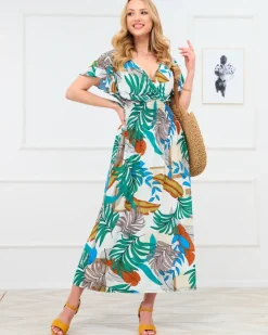 Royalfashion Biała damska długa sukienka z kolorowym roślinnym wzorem