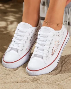 Royalfashion Białe damskie ażurowe trampki Tareni