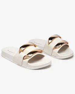 Royalfashion Białe damskie klapki ze złotą ozdobą Serina