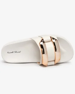 Royalfashion Białe damskie klapki ze złotą ozdobą Serina