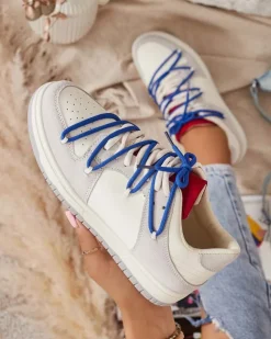 Royalfashion Biało - szare sportowe sneakersy damskie z granatowymi sznurówkami Olierinc