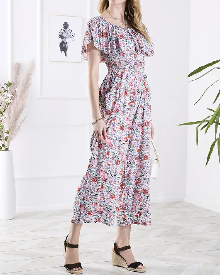 Royalfashion Biało- różowy długi kombinezon damski w kwiaty