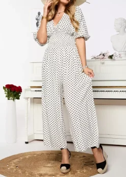 Royalfashion Biały długi kombinezon damski w groszki