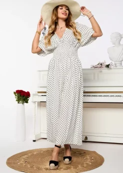 Royalfashion Biały długi kombinezon damski w groszki