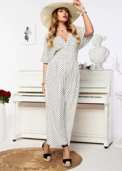Royalfashion Biały długi kombinezon damski w groszki