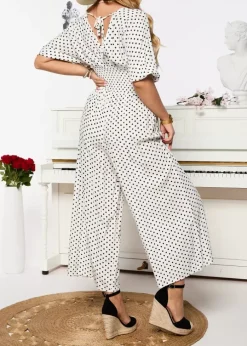 Royalfashion Biały długi kombinezon damski w groszki