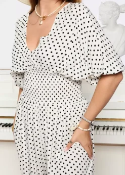 Royalfashion Biały długi kombinezon damski w groszki