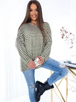 Royalfashion Bluzka damska w zielone paseczki z brokatem