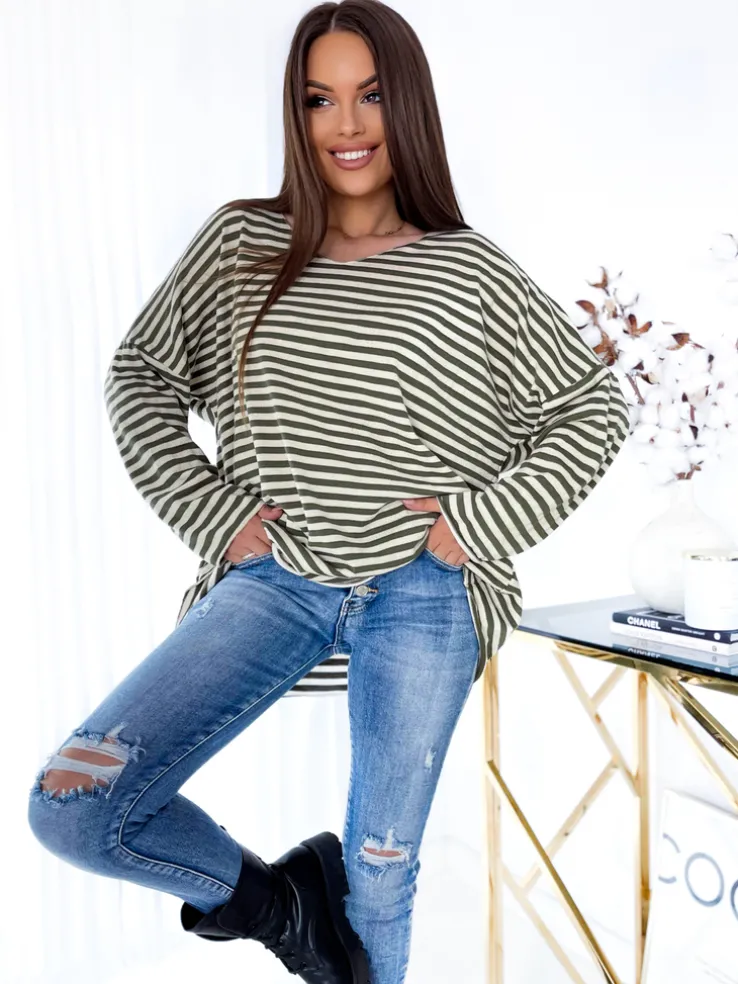 Royalfashion Bluzka damska w zielone paseczki z brokatem