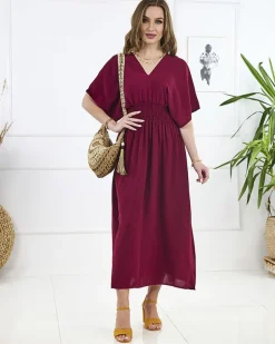 Royalfashion Bordowa damska sukienka midi