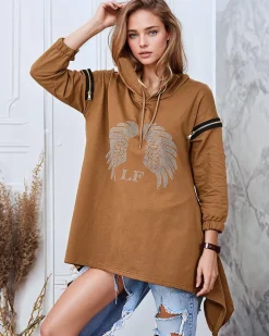 Royalfashion Brązowa damska oversizowa bluza z cyrkoniami