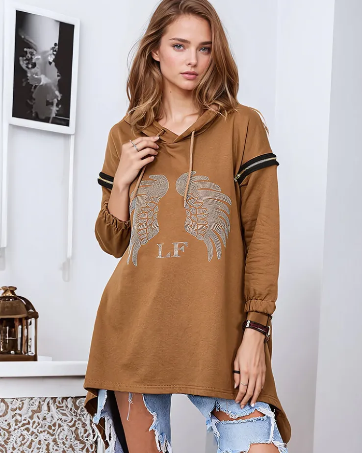 Royalfashion Brązowa damska oversizowa bluza z cyrkoniami