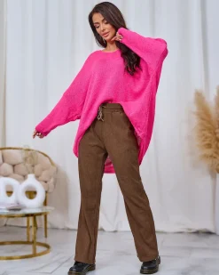 Royalfashion Brązowe damskie sztruksowe spodnie materiałowe