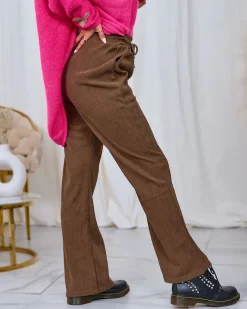 Royalfashion Brązowe damskie sztruksowe spodnie materiałowe
