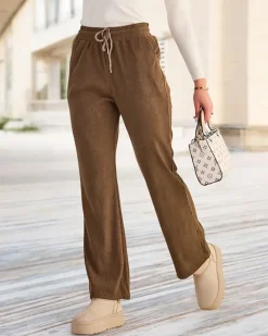 Royalfashion Brązowe damskie sztruksowe spodnie materiałowe