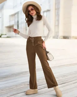 Royalfashion Brązowe damskie sztruksowe spodnie materiałowe