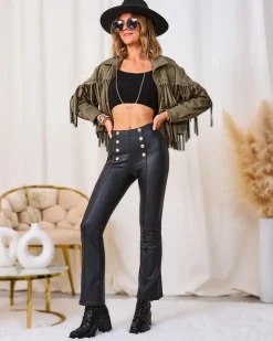 Royalfashion Brązowe damskie eko-skórzane legginsy ze złotymi guzikami