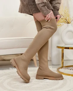 Royalfashion Brązowe damskie wsuwane kozaki za kolano Radgitas