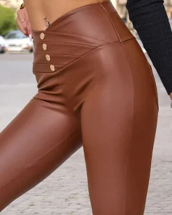 Royalfashion Brązowe damskie tregginsy ze złotymi guzikami