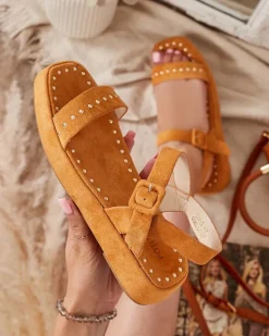 Royalfashion Brązowe sandały damskie z dżetami Franssia