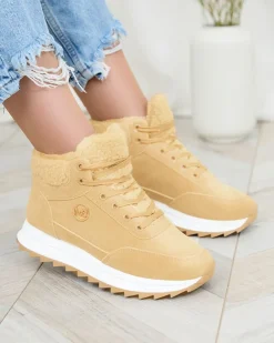 Royalfashion Buty sportowe damskie z ociepleniem w kolorze jasnobrązowym Cerrto