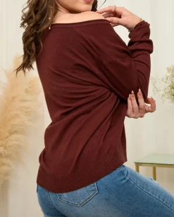 Royalfashion Ciemnobrązowy sweter damski z dekoltem w serek