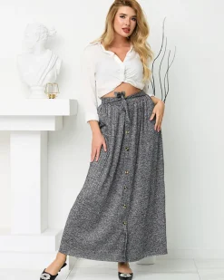 Royalfashion Ciemnoszara damska plisowana spódnica maxi z guzikami