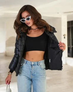 Royalfashion Czana damska pikowana kurtka z kapturem